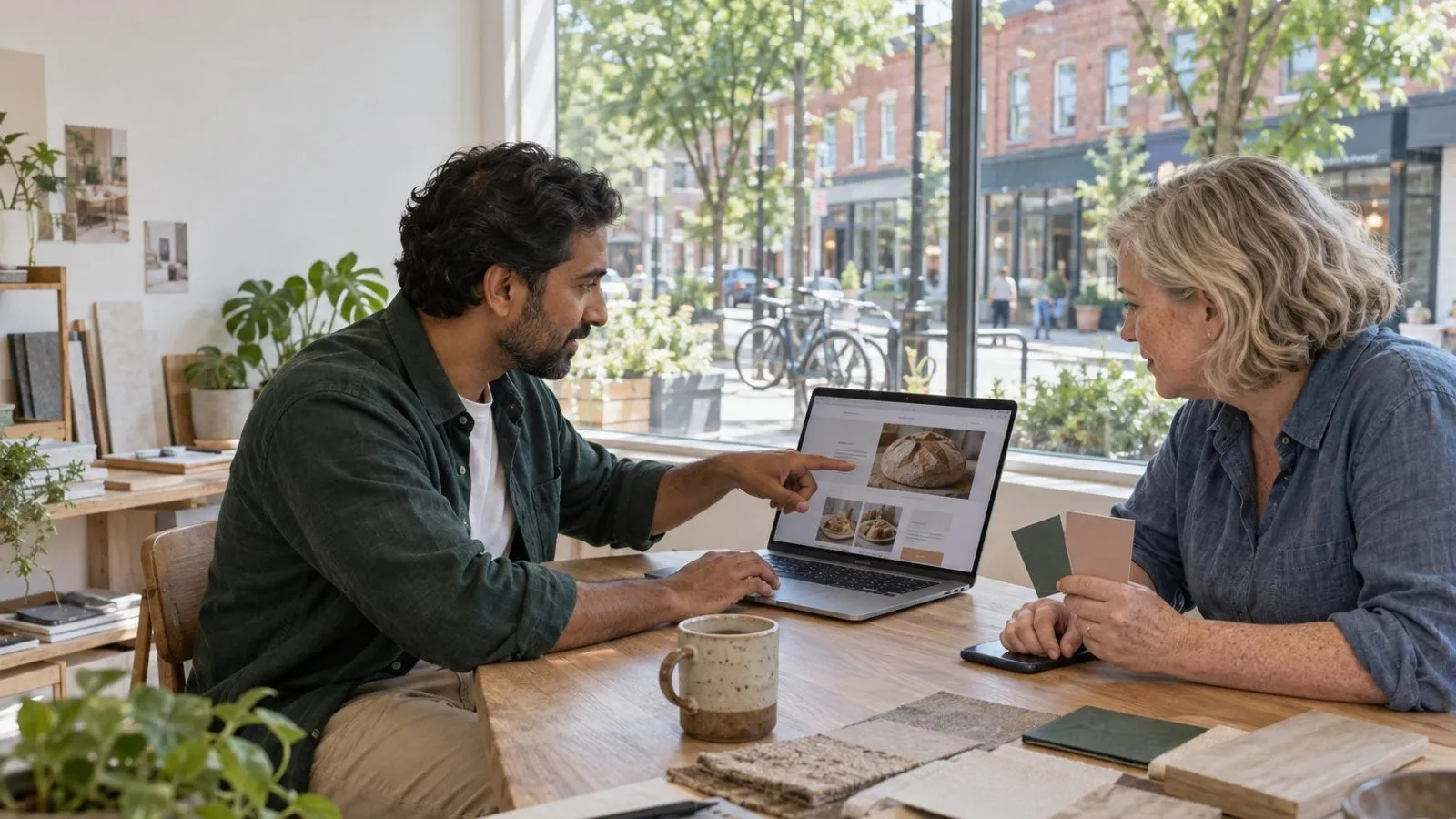 A web designer and bakery owner review a new small-business website together in a Toronto coworking studio.