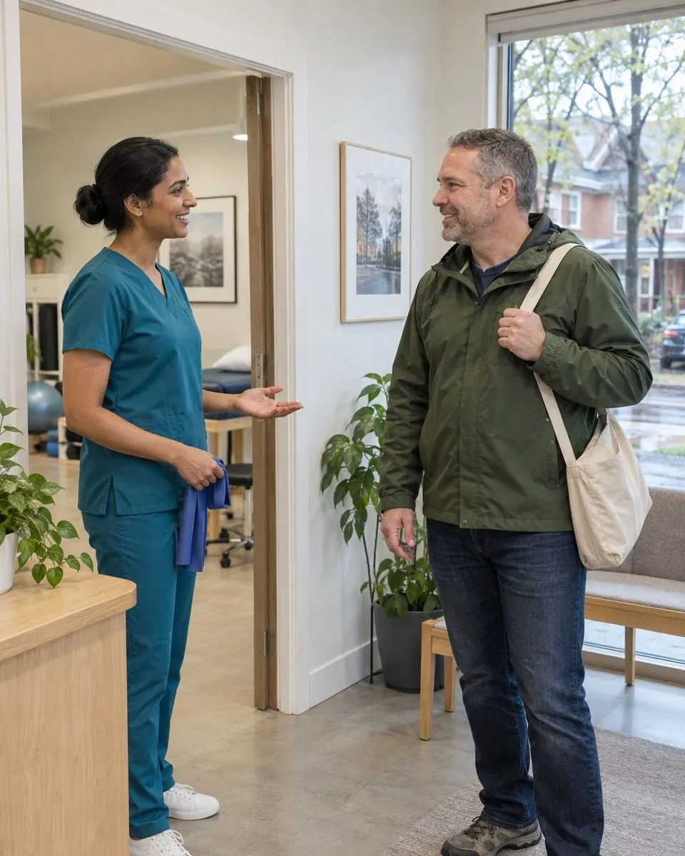 Exactly two people meet at the entrance to a calm neighbourhood physiotherapy clinic