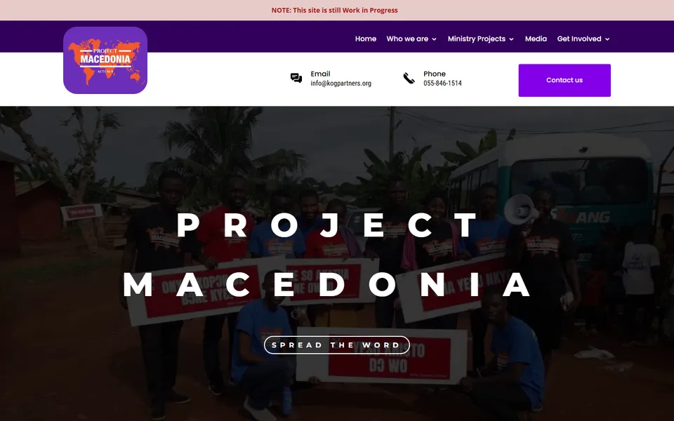The home page of kogpartners.org: a group holding outreach banners under the title Project Macedonia.